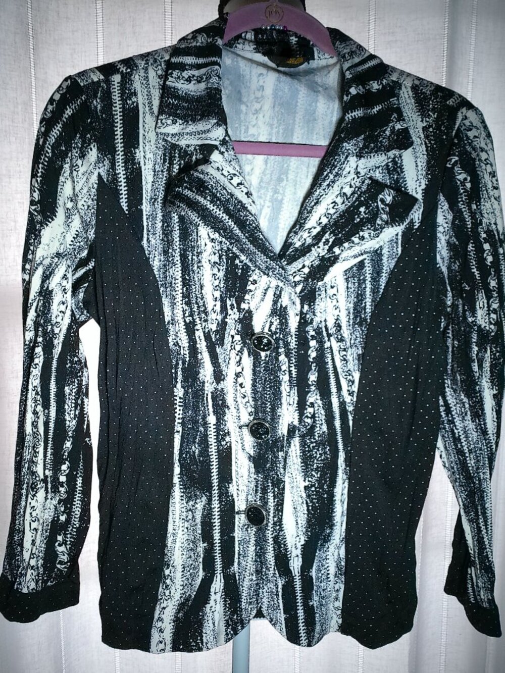 JERRY T New York Long Slve Button-Up Black w/White Zippers & Polka Dot Blazer M